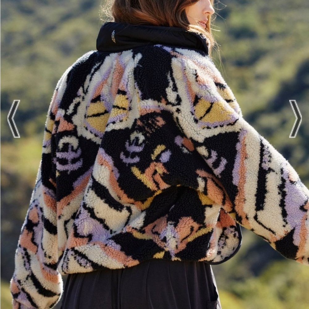 Free People Black Sherpa Jacket with Pastel Pink, Lavender & Yellow Pattern